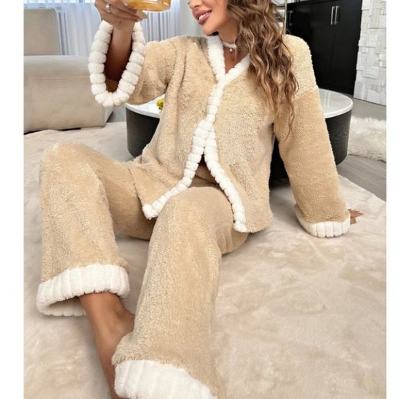 Soft Flannel button down shirt with pants Tan PJ Set - Picture 1 of 7